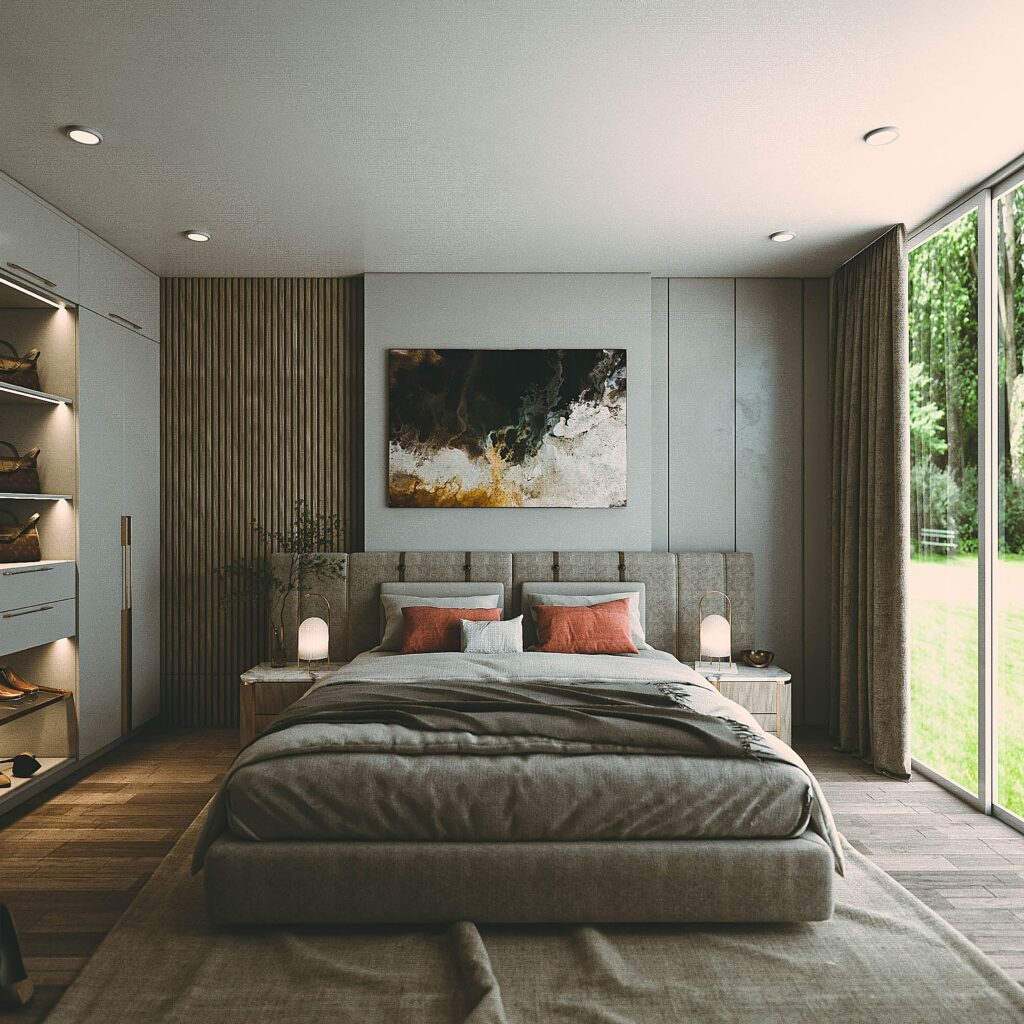 A modern bedroom with stylish decor and abundant natural light