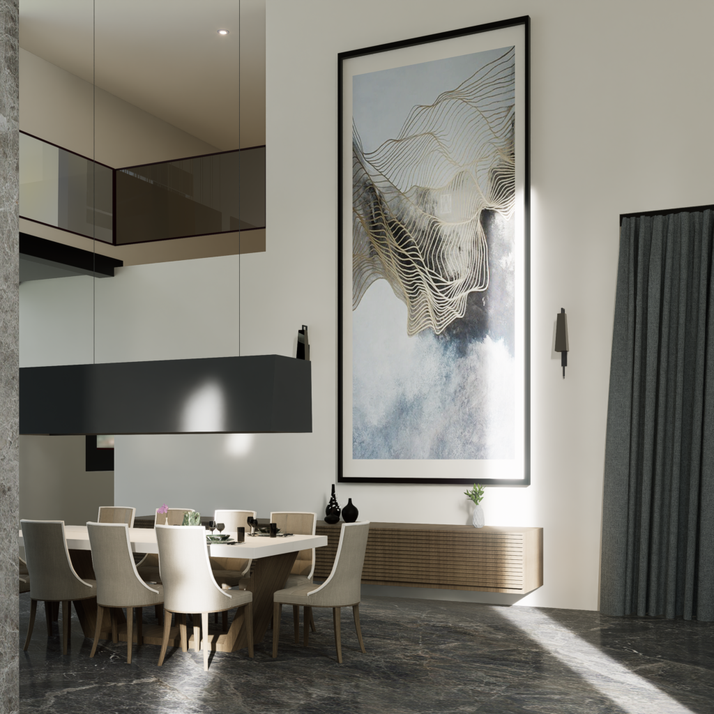 Spacious modern dining room with minimal decor and abstract artwork, bathed in soft daylight.